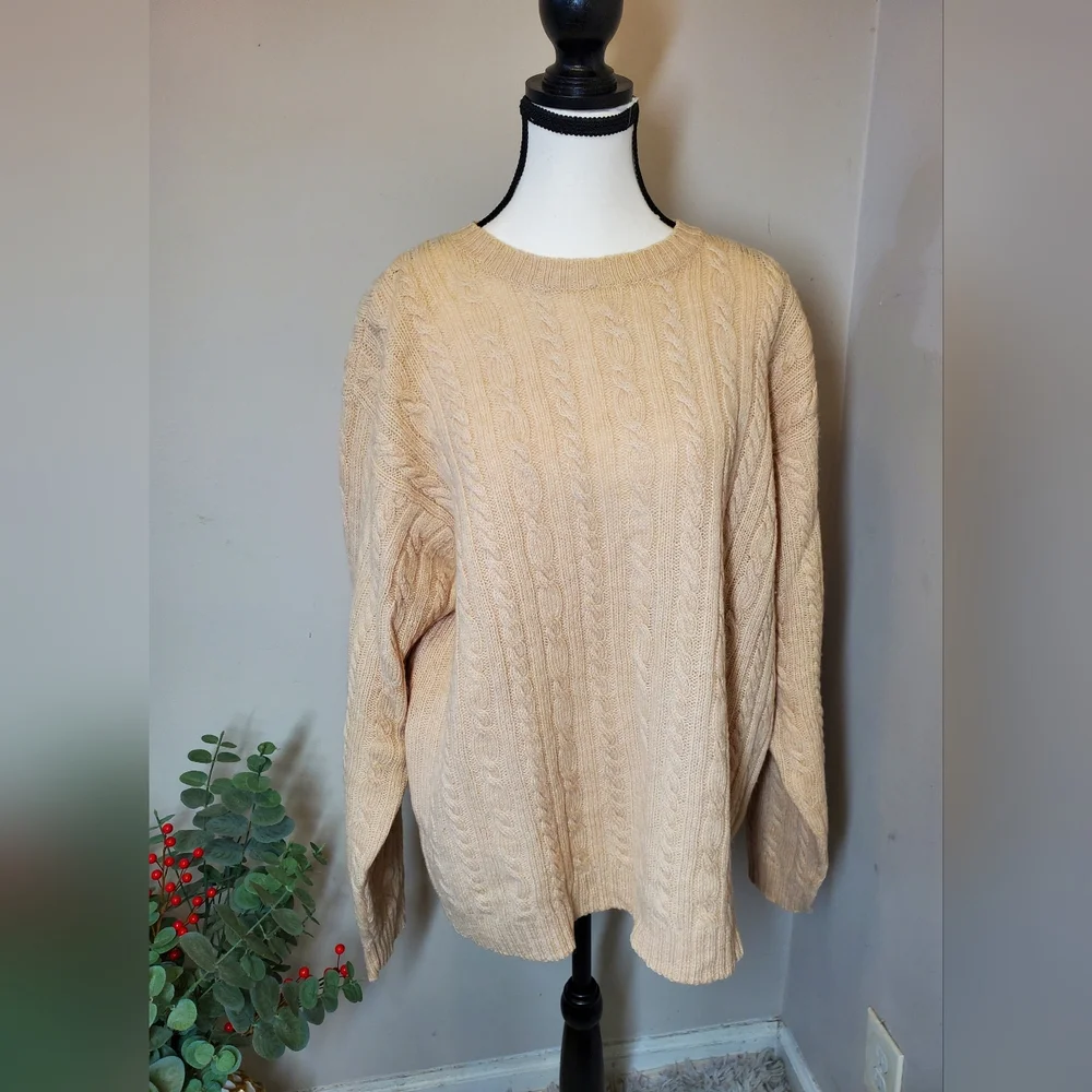 J. Crew Women's Cream Relaxed Cable Knit Sweater 100% Wool Size XL